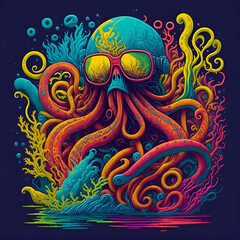 Vector t-shirt art ready to print colorful graffiti illustration of an octopus