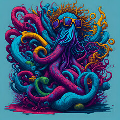 Vector t-shirt art ready to print colorful graffiti illustration of an octopus