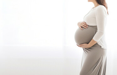 Pregnant woman in home interior, in the style of minimalist backgrounds. Generative AI