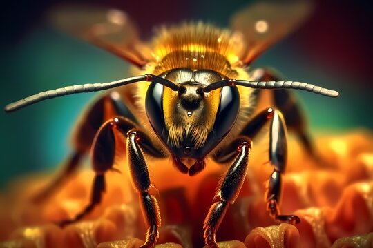 Captivating close-up of a vibrant bee, showcasing its intricate details and vivid colors. Generative Ai.