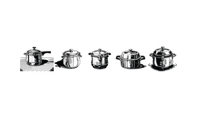 Five Vintage Pressure cooker Set vector illustration.