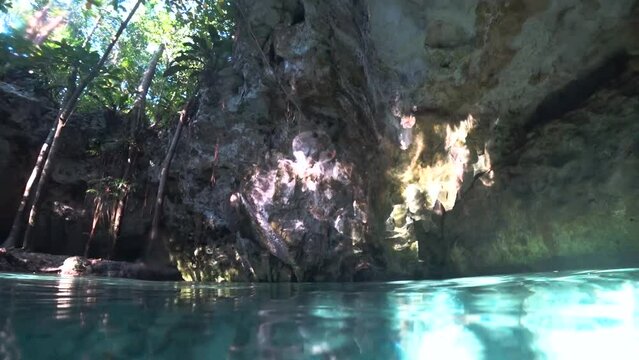 Swimming in the 'Gran Cenote' natural pool along tropical trees into sun beam in Tulum, Mexico