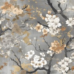 Metallic Blossom Elegance: Fine cherry blossom motifs with a sophisticated metallic texture. Generative AI.