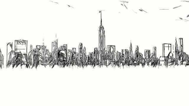 Digital sketch animation of New York City iconic skyline with skyscrapers and white background