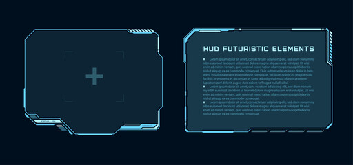 Futuristic ui: windows, target and header. High tech elements for user interface. Modern HUD control panel. Sci-fi concept design. UI for video games and VR. Vector illustration.