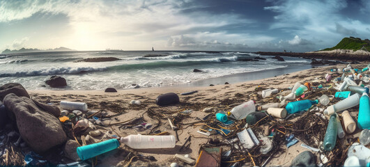 Fototapeta na wymiar Beach full of garbage and plastic waste. Environmental and recycle concepts. Generative AI