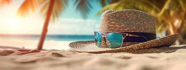 Vacation summer holiday travel tropical ocean sea background panorama - Close up of straw hat and sunglasses on the beach with ocean and palms in the background (Generative Ai) - obrazy, fototapety, plakaty