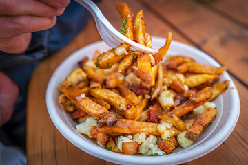 Poutine with pork belly and cheese curds