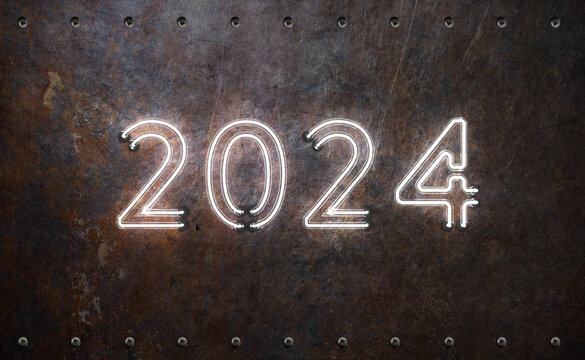 New Year 2024 Creative Design Concept with LED lights - 3D Rendered Image	