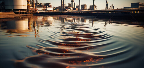 The environmental impact from industrial activity concept, Oil or wastewater is spilling on the river surface with background of industrial city. Generative AI - obrazy, fototapety, plakaty
