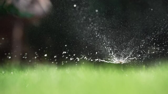 Garden irrigation system lawn. Automatic lawn sprinkler watering green grass. Selective focus., slow motion