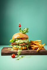 big burger and french fries on wooden board on green background