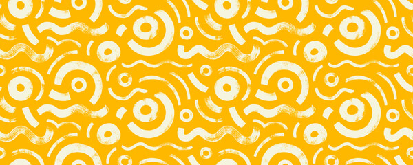 Fototapeta premium Bold circular shapes and waves seamless pattern. Brush drawn white curved lines and circles. Trendy vector design with basic shapes. Messy doodles, bold curvy lines. Abstract yellow grunge banner.