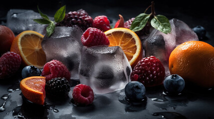 Frosty Burst: Close-Up of Colorful Chilled Fruits and Berries
generative, ai