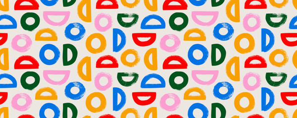 Semicircles and circles colorful seamless pattern. Brush drawn grunge geometric shapes. Abstract modern vector background. Bright color geometric shapes, bold circles. Retro banner for web and print.