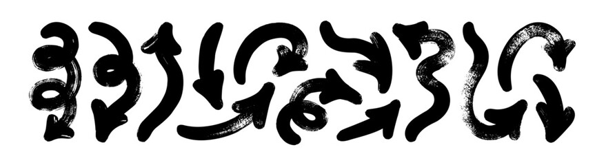 Bold curved arrows collection. Brush drawn vector thick curved arrows with grunge texture. Hand drawn different shapes elements for business infographic, social media. Thick brush strokes.