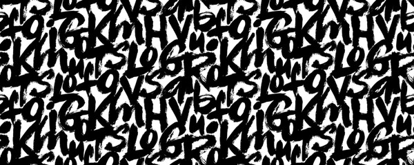 Graffiti seamless pattern with bold alphabet letters. Brush drawn grunge calligraphy pattern. Letters of the alphabet in random order. Vector black textured brush strokes. Abstract typography banner.