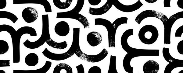 Seamless geometric pattern with arches and circles. Brush drawn bold shapes, semicircles and arces. Abstract contemporary design with rough texture. Grunge style seamless vector banner. 