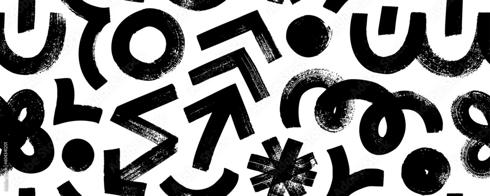 Poster Seamless pattern with various geometric trendy shapes. Bold brush drawn geometric figures and objects ornament. Arrow, circles, swirls, asterisk and curved bold lines. Hand drawn abstract pattern.