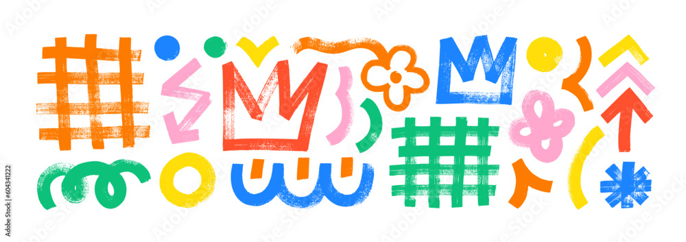Poster collection colored various geometric brush drawn shapes. crown, arrow, lightning, lattice and squigg