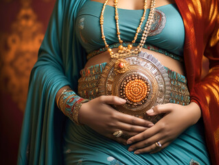 Pregnant Hindu woman's belly, embellished with a stunning jewelry piece. 
