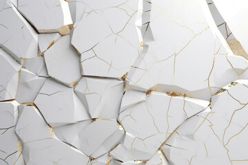 Abstract and elegant white background with golden cracks and splashes with copy space. Product placement luxurious backdrop. Generative AI