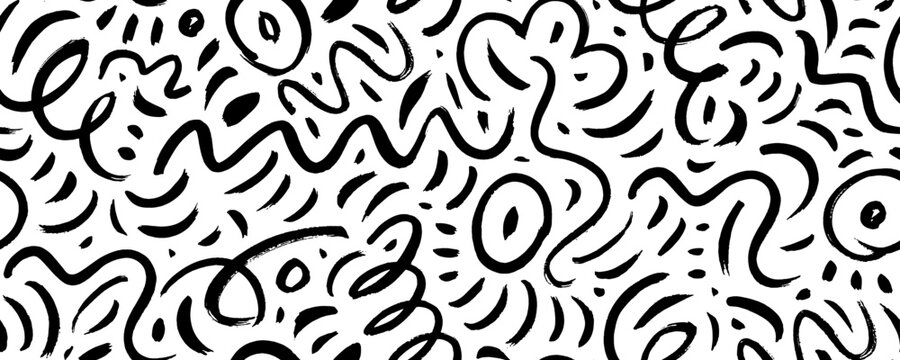 Squiggly lines seamless pattern. Abstract geometric pattern with curved lines, squiggles. Simple childish scribble backdrop. Creative abstract kid drawing. Doodles and scratches banner.