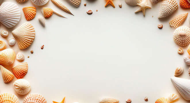 Border made of painting style seashells and starfish with large copy space summer background generative ai illustration