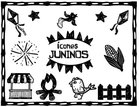 June icons set. Quite useful for themes of S&atilde;o Jo&atilde;o festivities, traditional in the northeast of Brazil. Separated vectors in woodcut and cordel literature style.