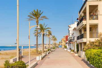 Fototapeta na wymiar Palmtrees and the boulevard at the beach of Comarruga, Spain