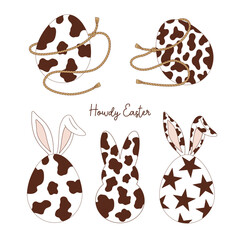 Cow printed Easter rodeo eggs vector illustration set. Western Easter aesthetic print design. 