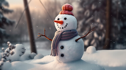 Beautiful Snowman with scarf and hat as winter snow time or new year decoration, Generative AI