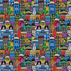 Urban Sketches Seamless Pattern Colorful Vintage Townhouses Rainbow city Hand-drawn graphic lines 