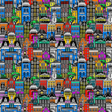 Urban Sketches Seamless Pattern Colorful Vintage Townhouses Rainbow city Hand-drawn graphic lines 