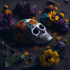 Dia de los muertos mask between colorful flowers. Mexican day of the death mask. Created with generative AI.