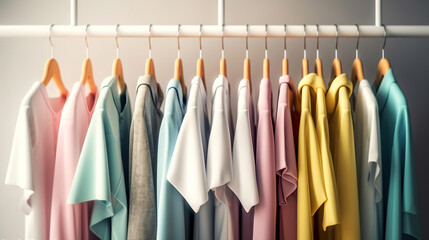 Colourful clothes on clothing rack. Rainbow color clothes choice on hangers, home wardrobe concept. Generative AI