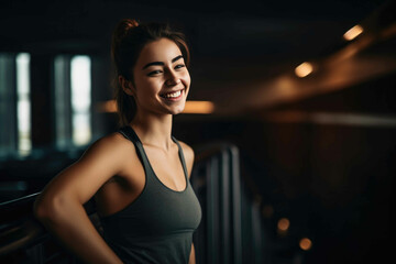Woman smiles after exercising. Generative AI