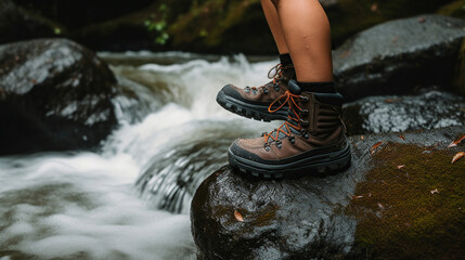 A Hiker's Quest Unfolds, Traversing Rugged Terrain with Determined Trekking Shoes. Generative AI