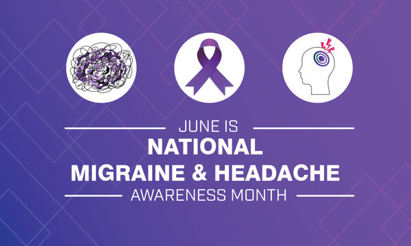 National Migraine and Headache Awareness Month design. It features a purple ribbon and symbol of headache and migraine. Vector illustration
