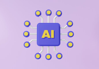 AI system processor chip 3D icon analysis artificial intelligence innovation on purple background. technology digital learning education cyber software development. 3d render. illustration