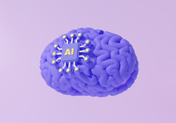 3D icon AI system brain processor chip analysis artificial intelligence innovation on purple background. technology digital learning education cyber software development. 3d rendering illustration