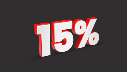 15% off on sale. red and white percent isolated on white background and png. 3d rendering. Illustration for advertising.