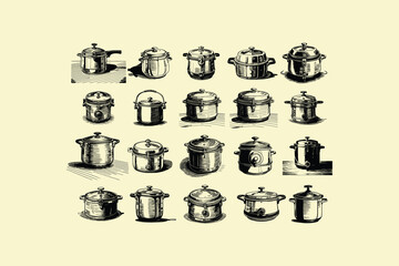 20 Vintage Pressure cooker vector set, illustration.