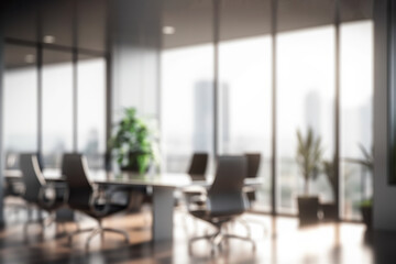 Blurred Modern Office Meeting Room with Cityscape for Business Presentations. created with Generative AI