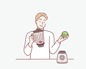Holding a blender. Hand drawn style vector design illustrations.