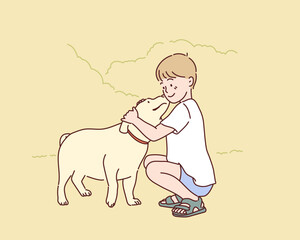Adorable puppy dog licking kids face. Happy child hugging and petting domestic animal. Hand drawn style vector design illustrations.