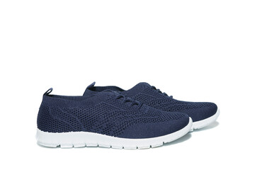 Summer blue casual sneakers made of mesh fabric, on a white background, isolated