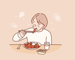 girl sitting and eating tteokbokki . Hand drawn style vector design illustrations.