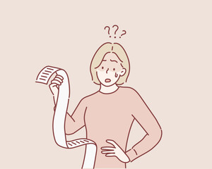 woman  holding a paper feels headache and worries about paying a lot of bills. Hand drawn style vector design illustrations.