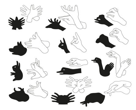 Human hand shadow animal black silhouette line monochrome set vector illustration